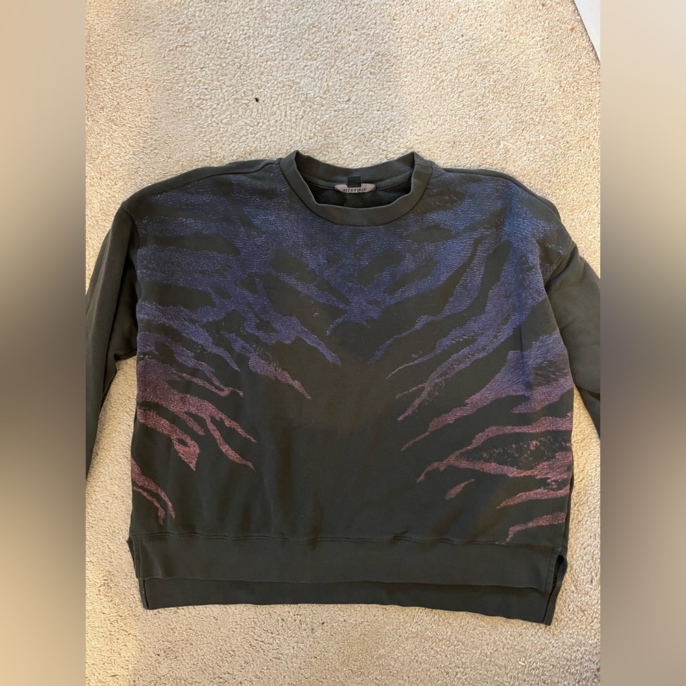 All Saints small (fits larger) gray sweatshirt with blue & pink design